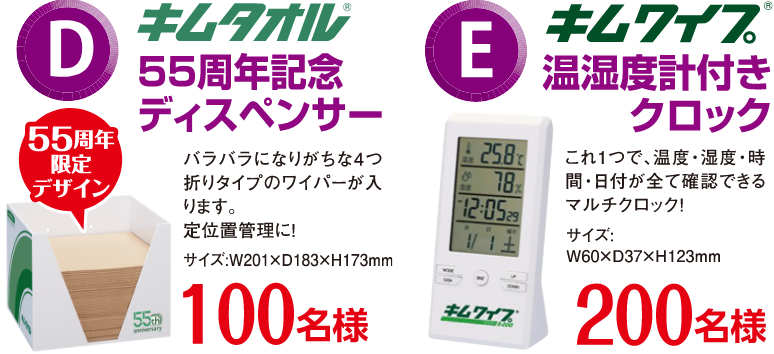 D賞 キムタオル 55周年ディスペンサー 100名様/E賞キムワイプ 温湿度計つきクロック 200名様